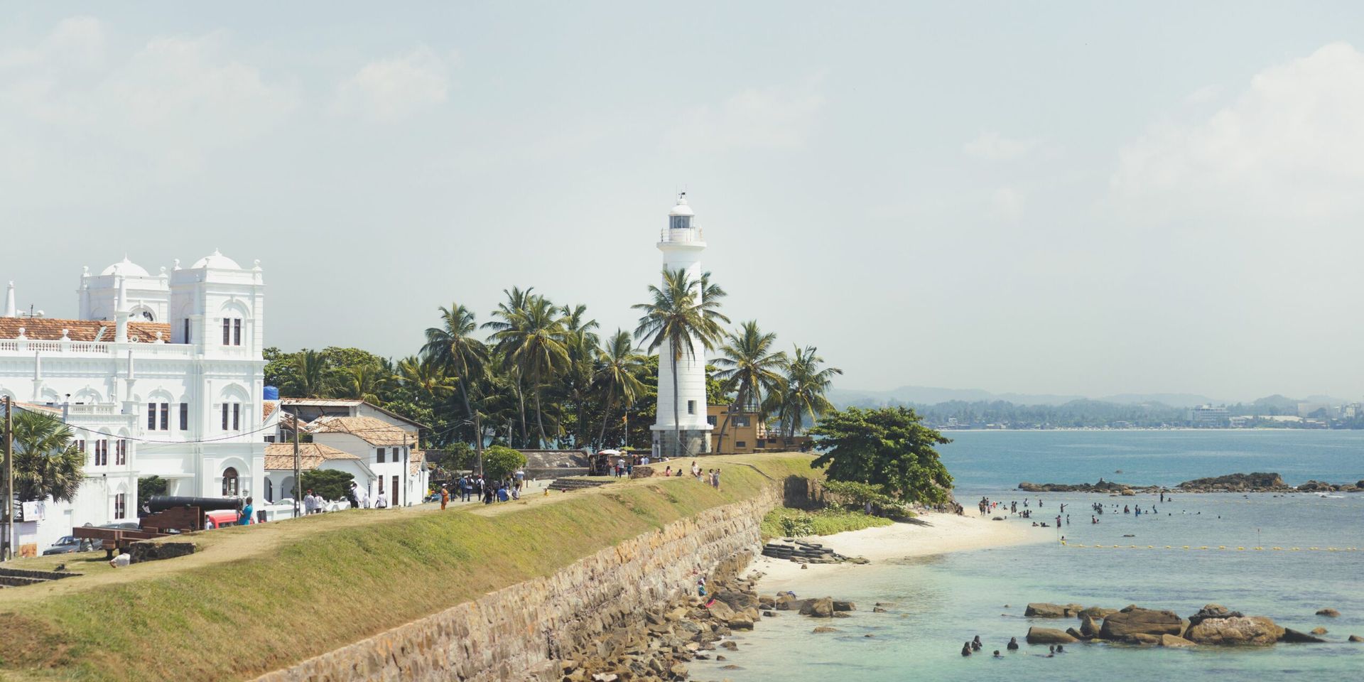 Galle Lighthouse and historic ramparts at Galle Fort, Sri Lanka